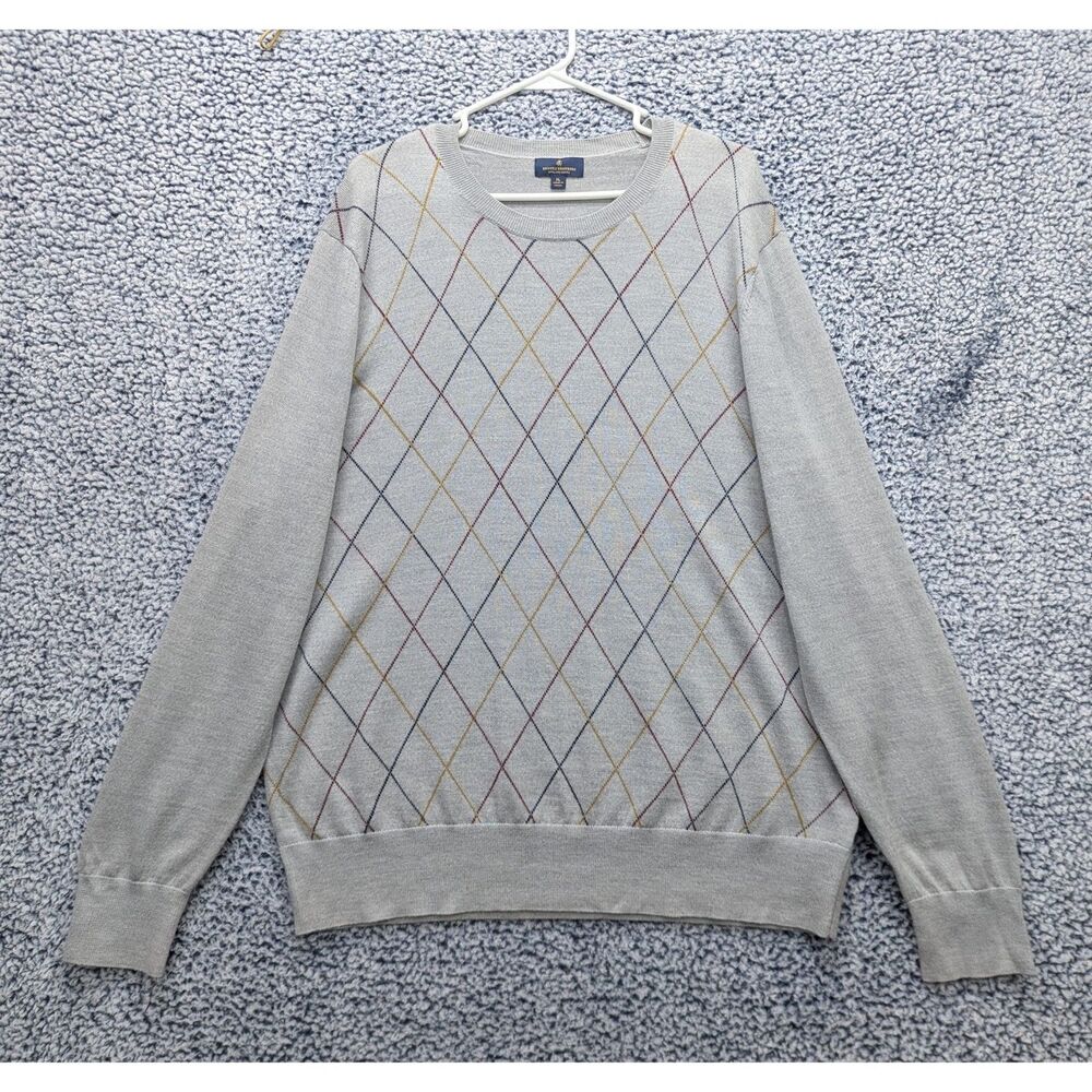 Brooks Brothers 100% Merino Wool Pullover Sweater Mens XL Golf Argyle Knit Gray